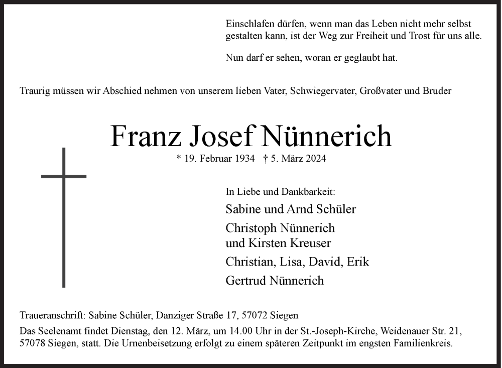  Traueranzeige für Franz Josef Nünnerich vom 08.03.2024 aus Siegener Zeitung