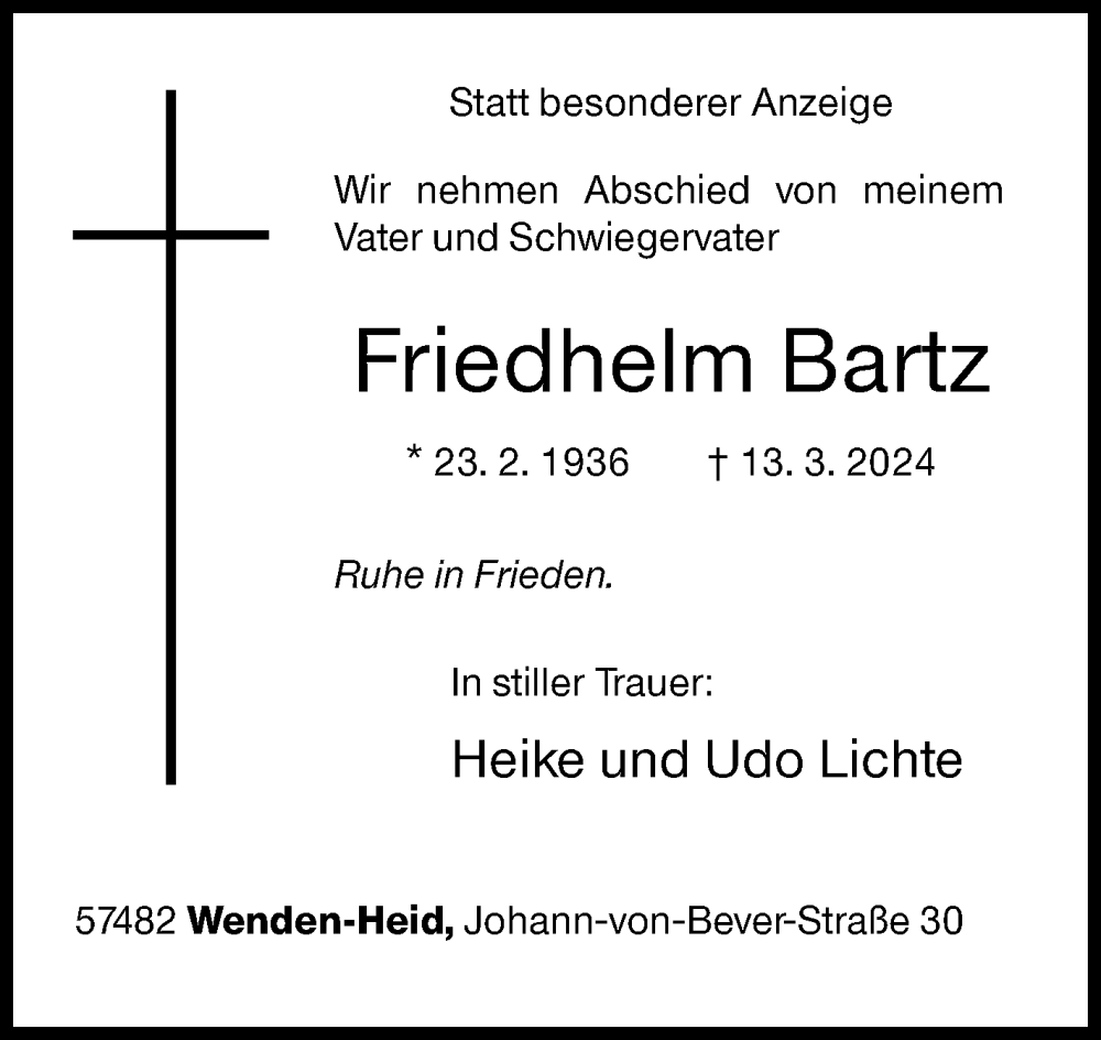  Traueranzeige für Friedhelm Bartz vom 15.03.2024 aus Siegener Zeitung