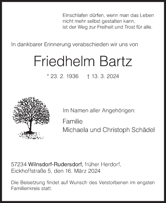 Traueranzeige von Friedhelm Bartz von Siegener Zeitung