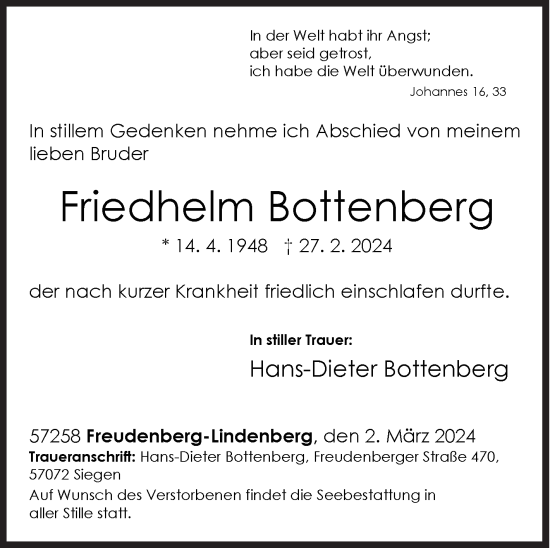 Traueranzeige von Friedhelm Bottenberg von Siegener Zeitung