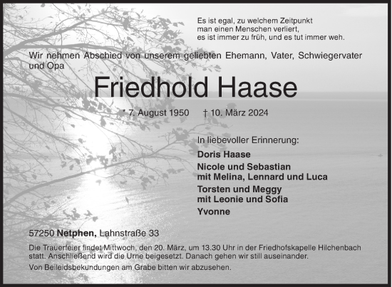 Traueranzeige von Friedhold Haase von Siegener Zeitung