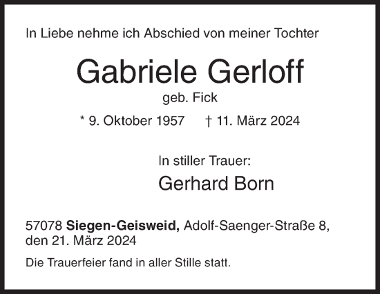 Traueranzeige von Gabriele Gerloff von Siegener Zeitung