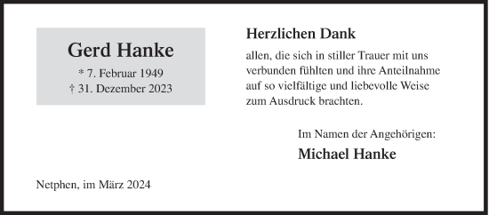 Traueranzeige von Gerd Hanke von Siegener Zeitung