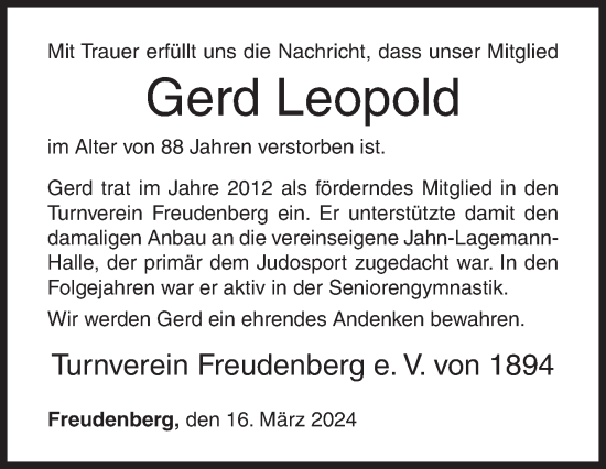 Traueranzeige von Gerd Leopold von Siegener Zeitung