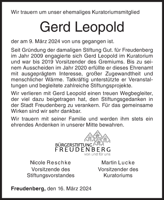Traueranzeige von Gerd Leopold von Siegener Zeitung