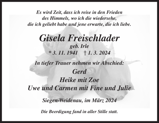 Traueranzeige von Gisela Freischlader von Siegener Zeitung