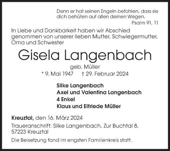 Traueranzeige von Gisela Langenbach von Siegener Zeitung