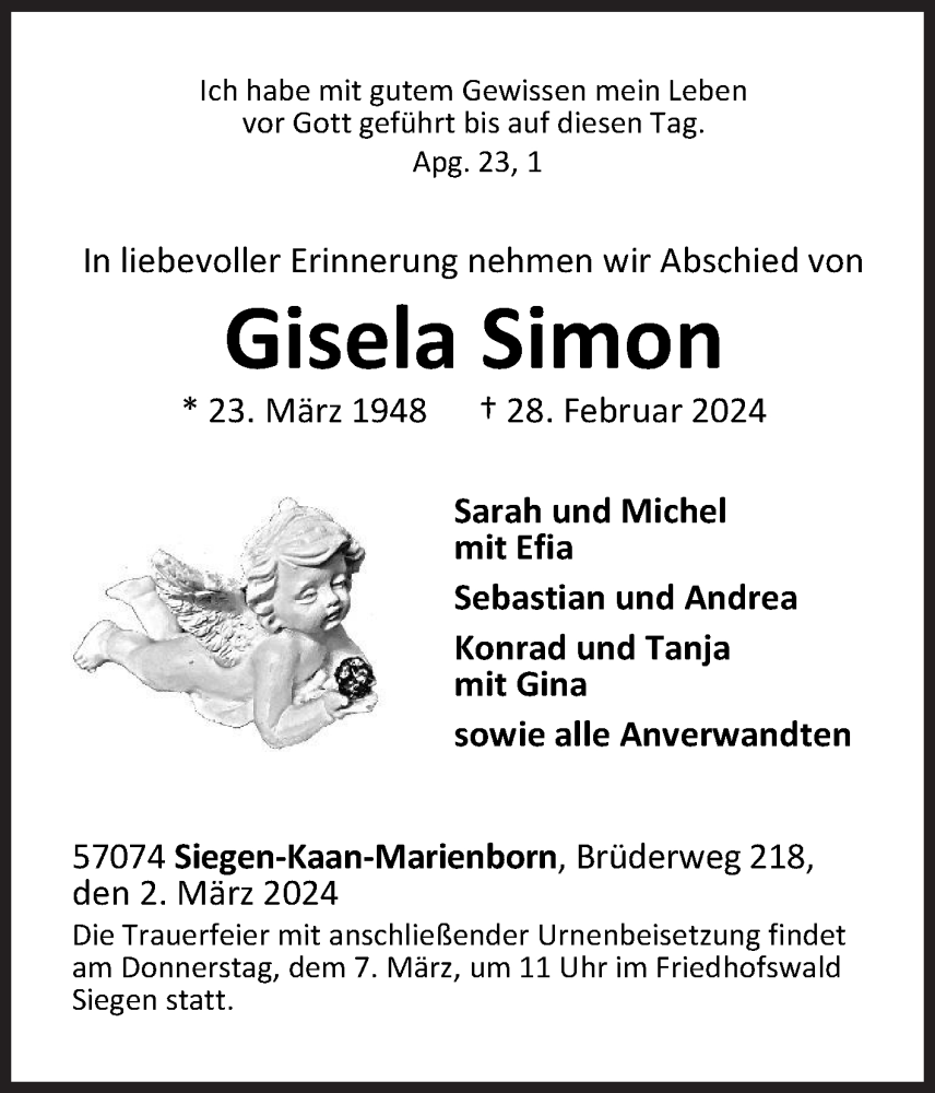  Traueranzeige für Gisela Simon vom 02.03.2024 aus Siegener Zeitung