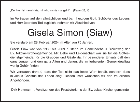 Traueranzeige von Gisela Simon von Siegener Zeitung