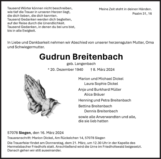 Traueranzeige von Gudrun Breitenbach von Siegener Zeitung