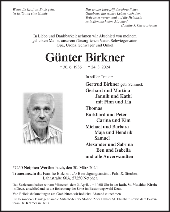 Traueranzeige von Günter Birkner von Siegener Zeitung