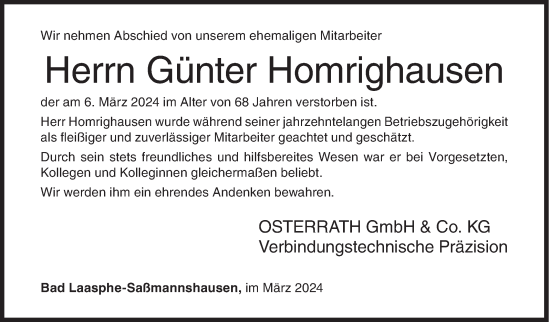 Traueranzeige von Günter Homrighausen von Siegener Zeitung