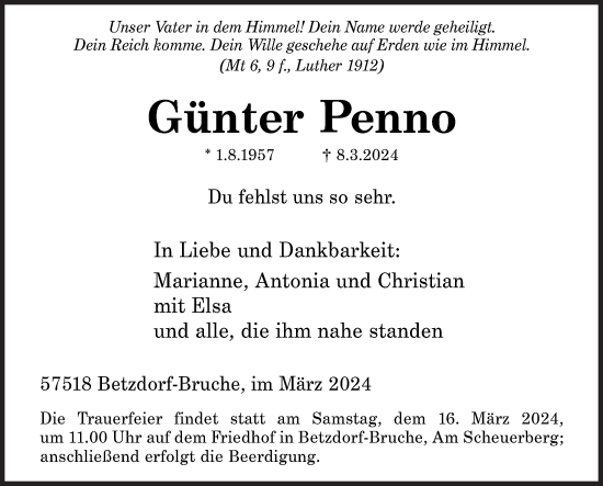 Traueranzeige von Günter Penno von Siegener Zeitung