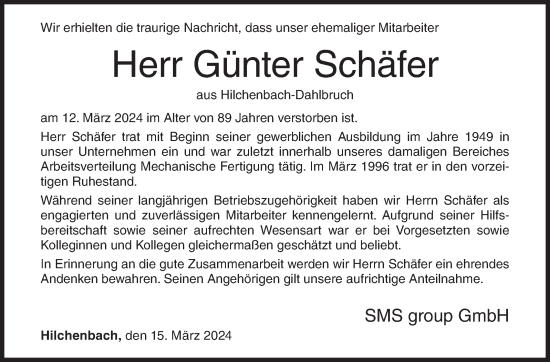 Traueranzeige von Günter Schäfer von Siegener Zeitung