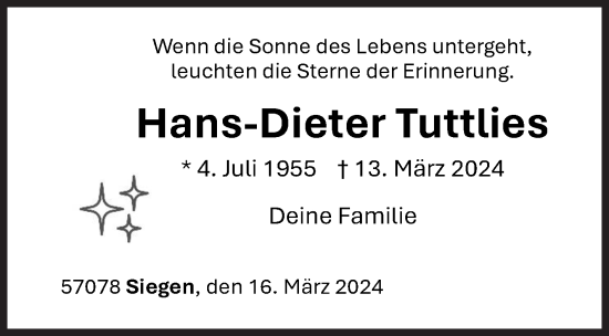 Traueranzeige von Hans-Dieter Tuttlies von Siegener Zeitung