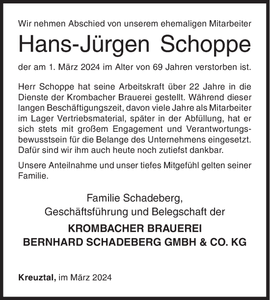 Traueranzeige von Hans-Jürgen Schoppe von Siegener Zeitung