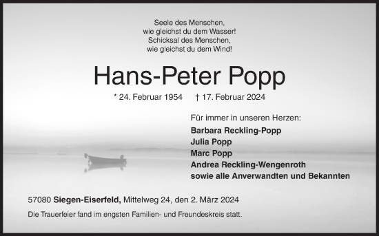Traueranzeige von Hans-Peter Popp von Siegener Zeitung