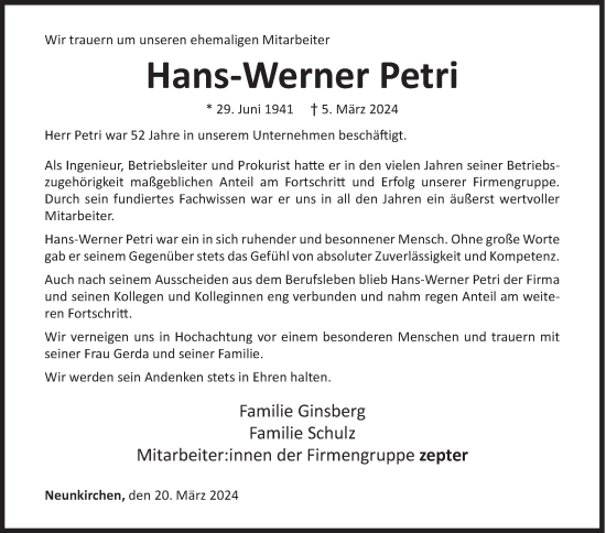 Traueranzeige von Hans-Werner Petri von Siegener Zeitung