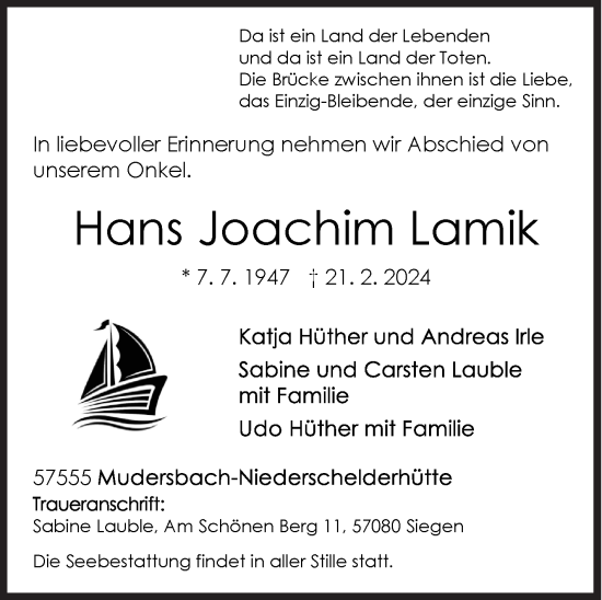 Traueranzeige von Hans Joachim Lamik von Siegener Zeitung