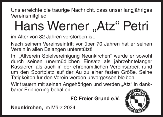 Traueranzeige von Hans Werner Petri von Siegener Zeitung