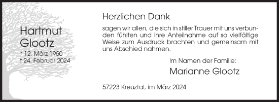 Traueranzeige von Hartmut Glootz von Siegener Zeitung