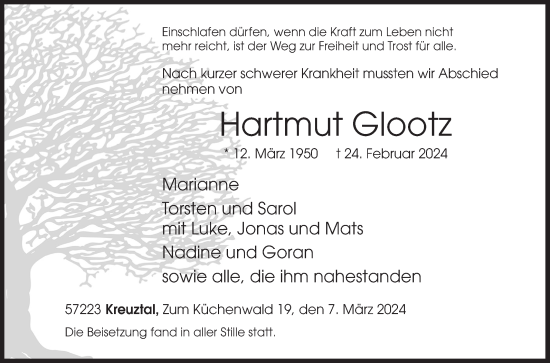 Traueranzeige von Hartmut Glootz von Siegener Zeitung