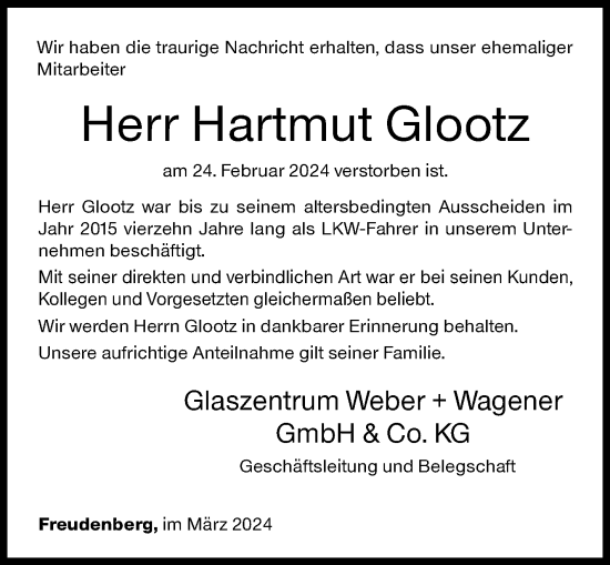 Traueranzeige von Hartmut Glootz von Siegener Zeitung