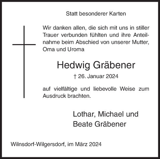 Traueranzeige von Hedwig Gräbener von Siegener Zeitung