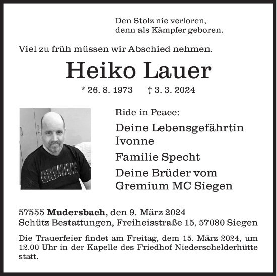 Traueranzeige von Heiko Lauer von Siegener Zeitung