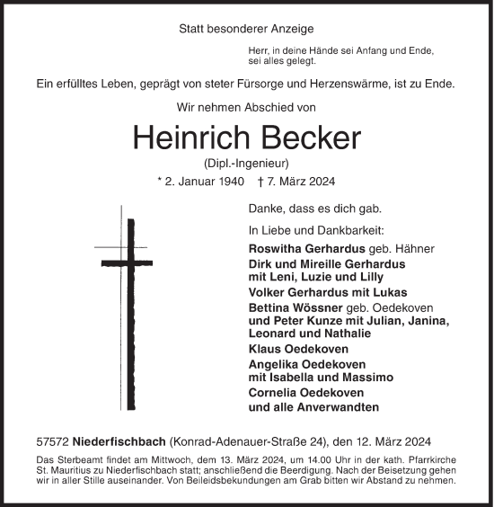 Traueranzeige von Heinrich Becker von Siegener Zeitung