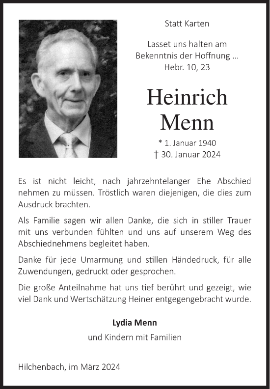 Traueranzeige von Heinrich Menn von Siegener Zeitung