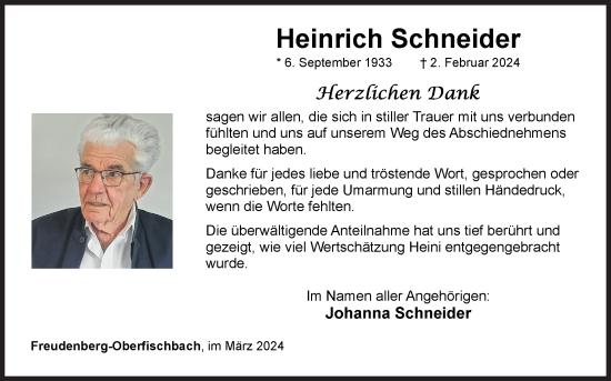 Traueranzeige von Heinrich Schneider von Siegener Zeitung