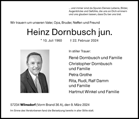 Traueranzeige von Heinz Dornbusch von Siegener Zeitung