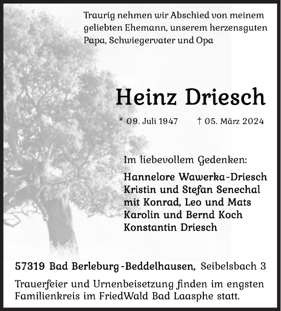 Traueranzeige von Heinz Driesch von Siegener Zeitung