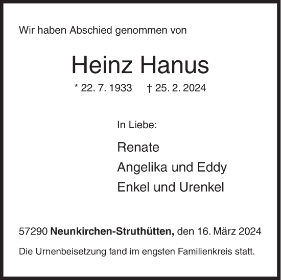 Traueranzeige von Heinz Hanus von Siegener Zeitung