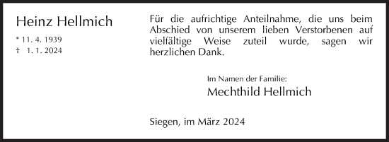 Traueranzeige von Heinz Hellmich von Siegener Zeitung