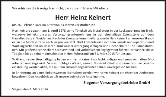 Traueranzeige von Heinz Keinert von Siegener Zeitung