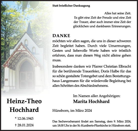 Traueranzeige von Heinz-Theo Hochard von Siegener Zeitung