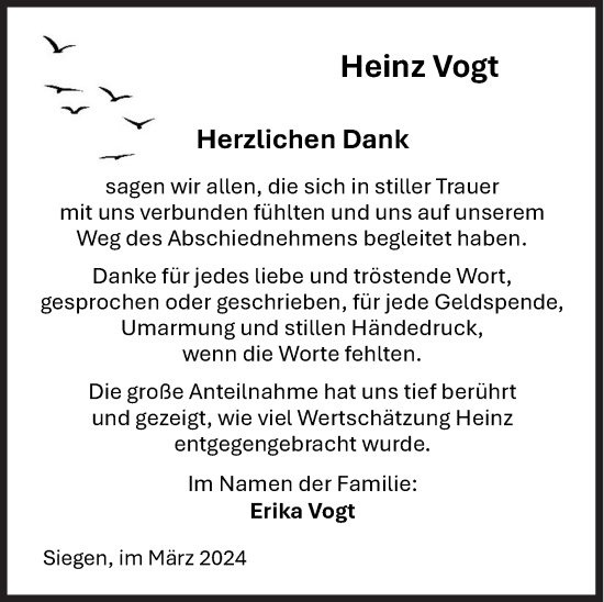Traueranzeige von Heinz Vogt von Siegener Zeitung