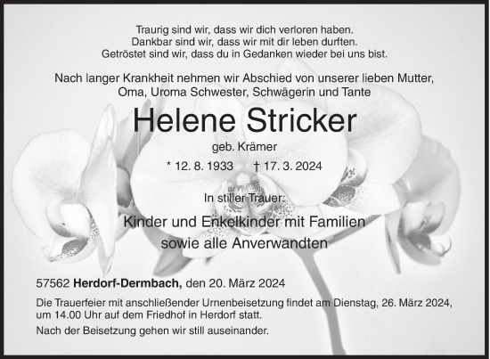 Traueranzeige von Helene Stricker von Siegener Zeitung