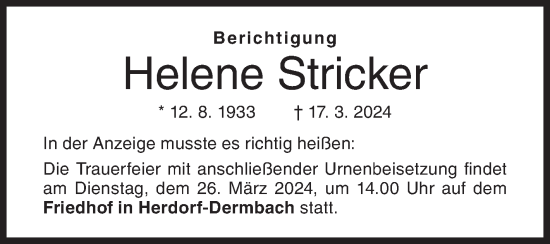 Traueranzeige von Helene Stricker von Siegener Zeitung