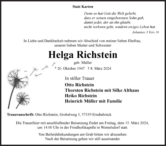 Traueranzeige von Helga Richstein von Siegener Zeitung