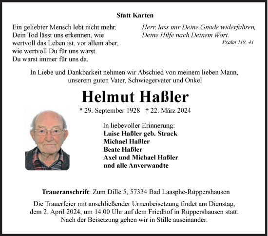 Traueranzeige von Helmut Haßler von Siegener Zeitung