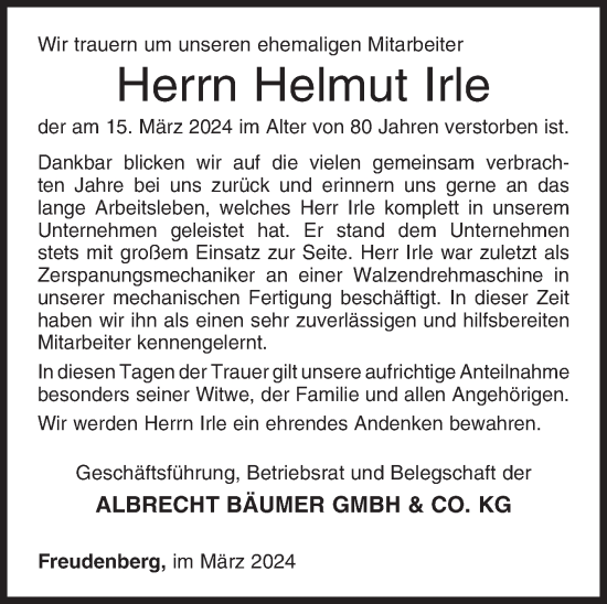 Traueranzeige von Helmut Irle von Siegener Zeitung