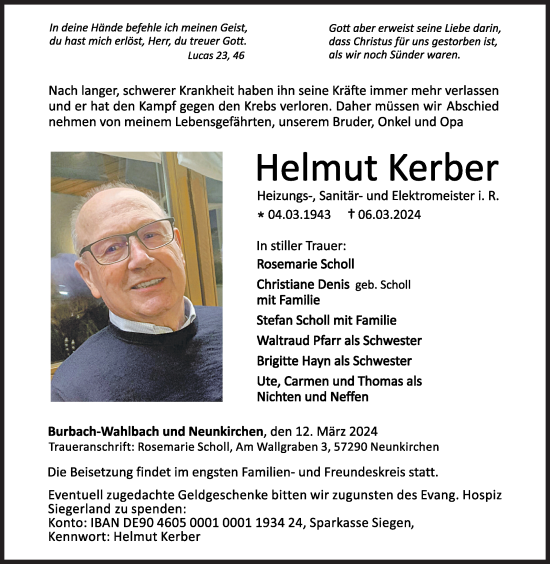 Traueranzeige von Helmut Kerber von Siegener Zeitung