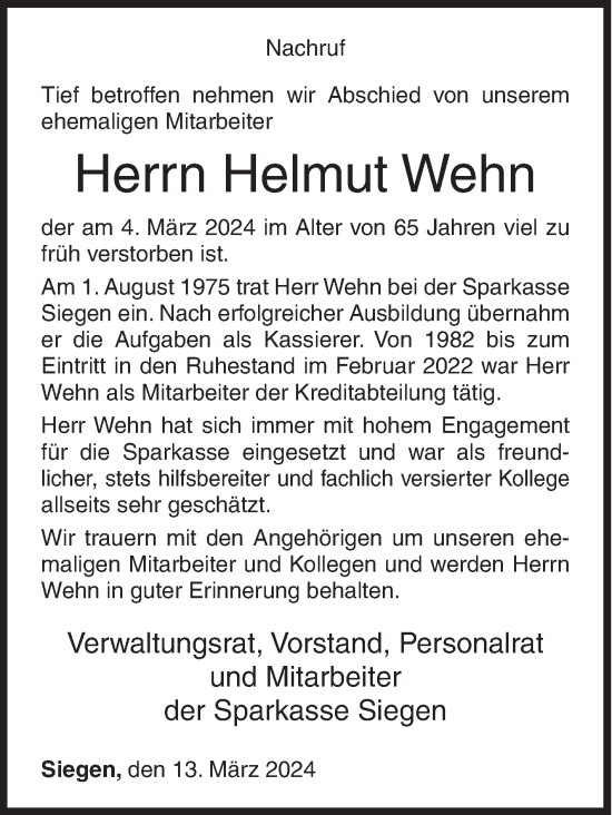 Traueranzeige von Helmut Wehn von Siegener Zeitung