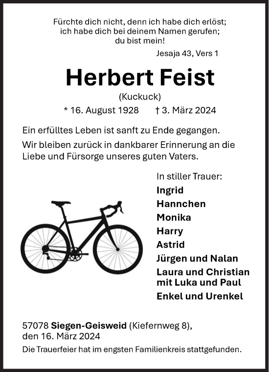 Traueranzeige von Herbert Feist von Siegener Zeitung