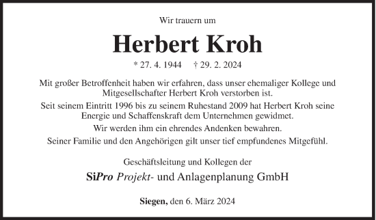 Traueranzeige von Herbert Kroh von Siegener Zeitung