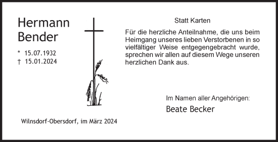 Traueranzeige von Hermann Bender von Siegener Zeitung