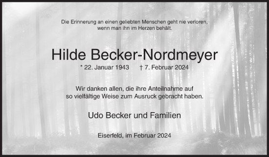 Traueranzeige von Hilde Becker-Nordmeyer von Siegener Zeitung